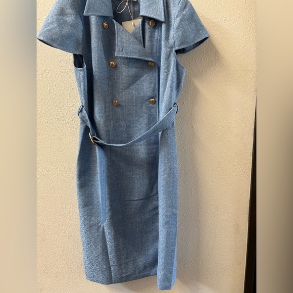 Fehaute Blue Sheath Wrap Midi Dress Crew Neck Work - Picture 4 of 4